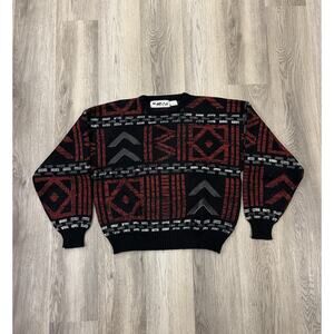 Forum Crewneck Knit Sweater Size XL With Black Leather Trim Abstract Geometric